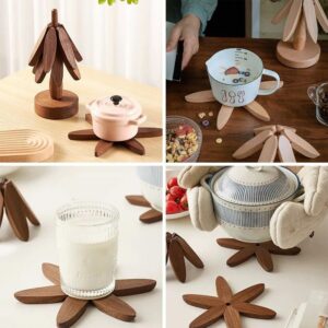 Wooden Tree Coasters, Wooden Trivets for Hot Dishes,Walnut Tree Shape Table Insulation Mat Set for Hot Pots and Pans Heat Resistant Pads for Kitchen Counter (Walnut, M, 3 Wooden Trivet + 1 Stand)