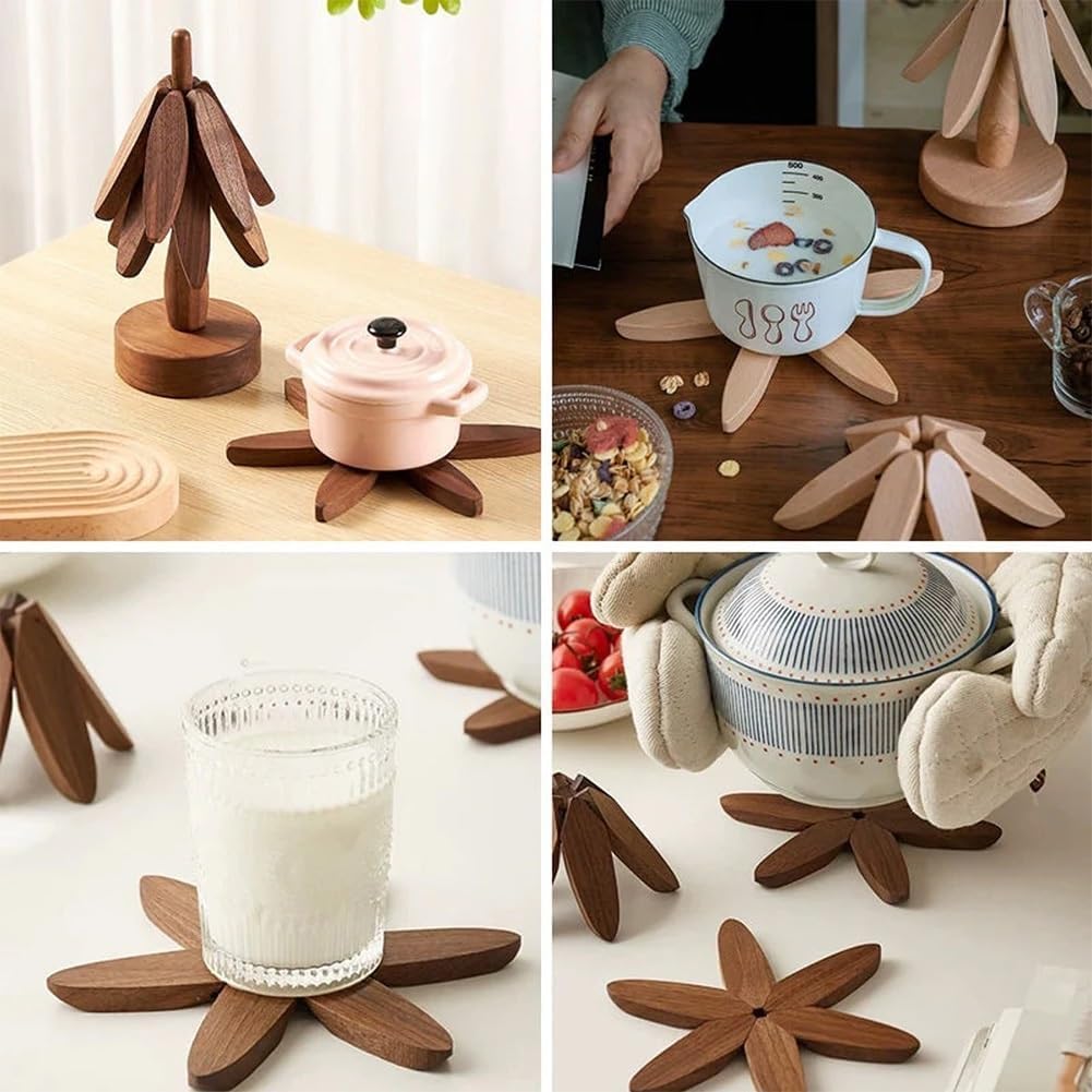 Wooden Tree Coasters, Wooden Trivets for Hot Dishes,Walnut Tree Shape Table Insulation Mat Set for Hot Pots and Pans Heat Resistant Pads for Kitchen Counter (Walnut, M, 3 Wooden Trivet + 1 Stand)