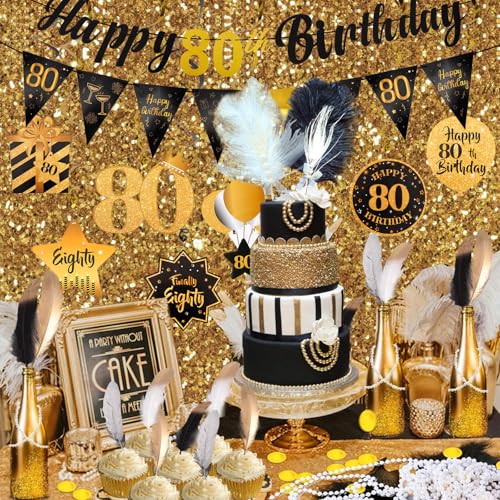 Hapdoo 80th Birthday Decorations Set - 80th Birthday Decorations Men Happy 80th Birthday Banner Triangle Flag Hanging Swirls Streamers for Women Men Birthday Party Decorations Supplies, Black and Gold