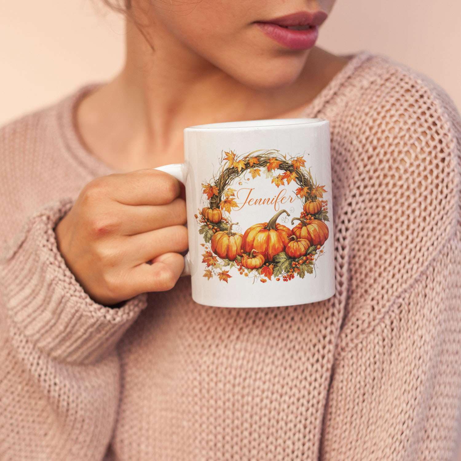 Beautiful Autumn Wreath Mug With Custom Name, Fall Pumpkin And Leaf Design Coffee Cup, Personalized Autumn Lover White Cup 15oz, Customized Fall Ceramic Mug For Friend Coworker