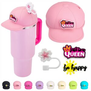 anti-dust silicone cap for stanley cup 40oz, fits stanley cup accessories with straw cover and two charms, pink