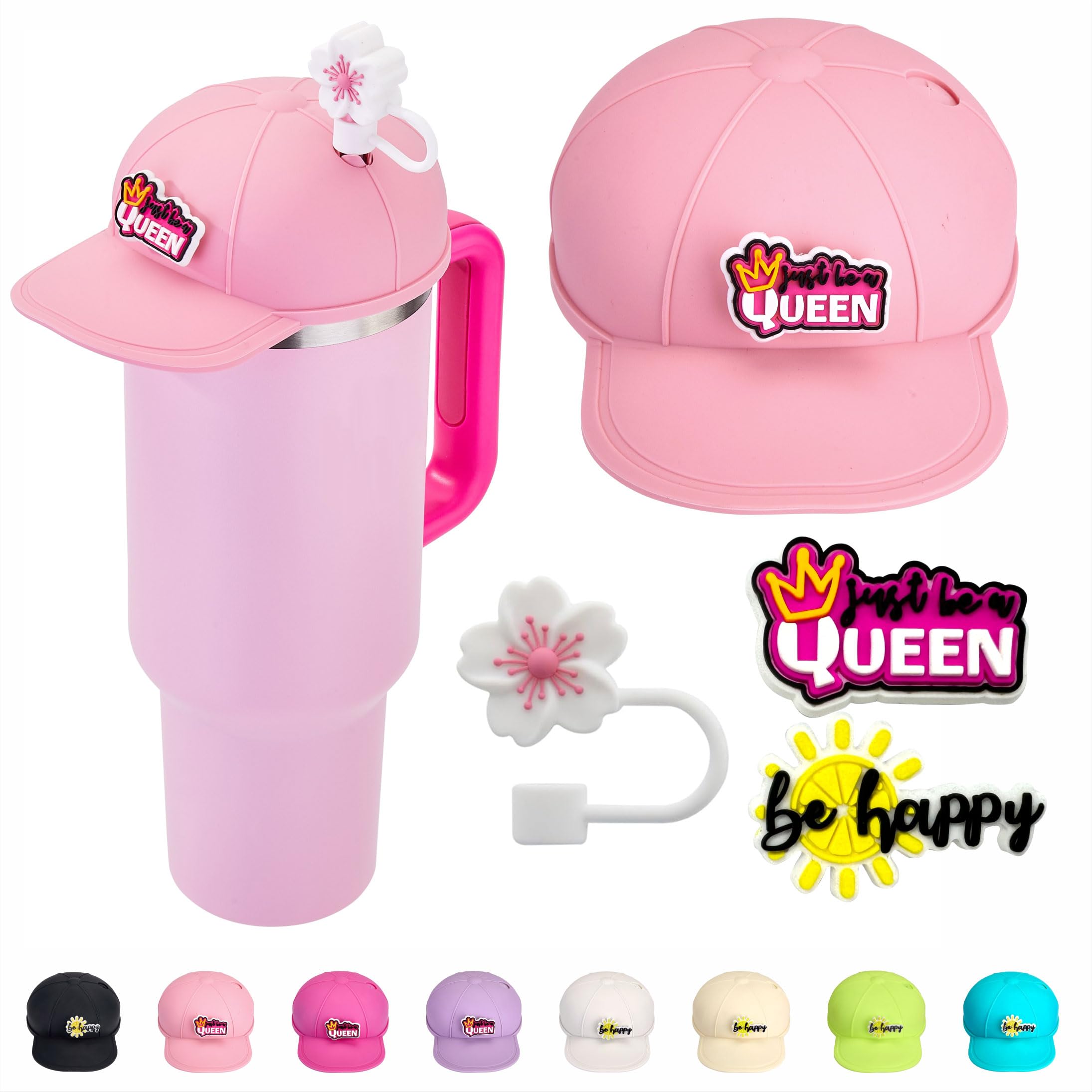 Anti-dust Silicone Cap for Stanley Cup 40oz, Fits Stanley Cup Accessories with Straw Cover and Two Charms, Pink