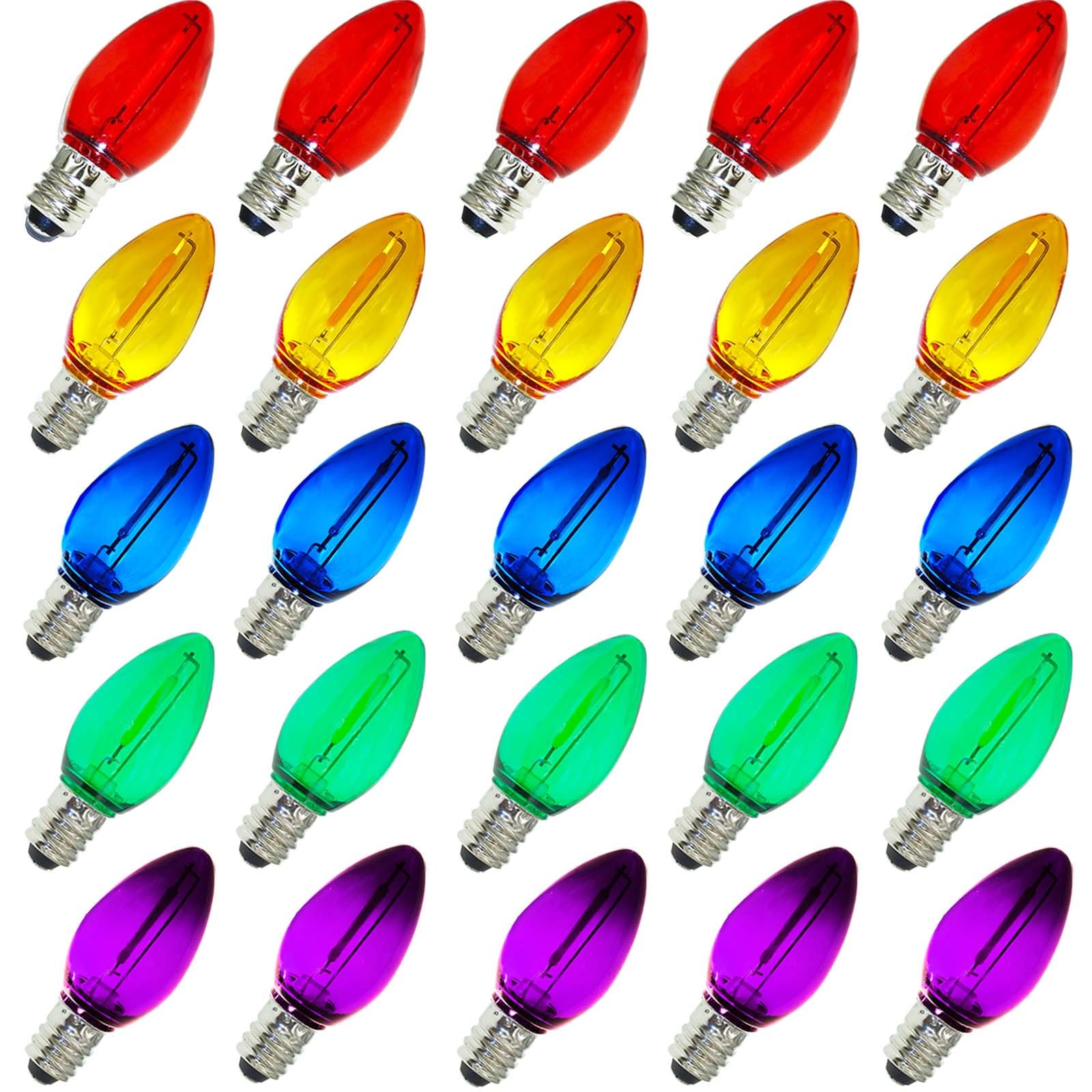 abulber 25 Pack C7 LED Christmas Light Bulb,Shatterproof,Waterproof,Plastic Led Replacement Bulbs for Indoor Outdoor String Lights,E12 Candelabra Base Multi-Colored