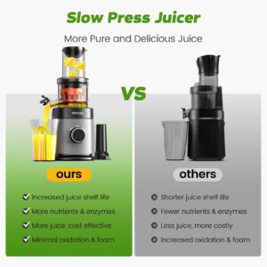 Cold Press Juicer, Slow Masticating Machines with Extra Large Feed Chute Fit Whole Fruits & Vegetables Easy Clean Self Feeding Effortless for Batch Juicing, High Juice Yield, BPA Free, Black