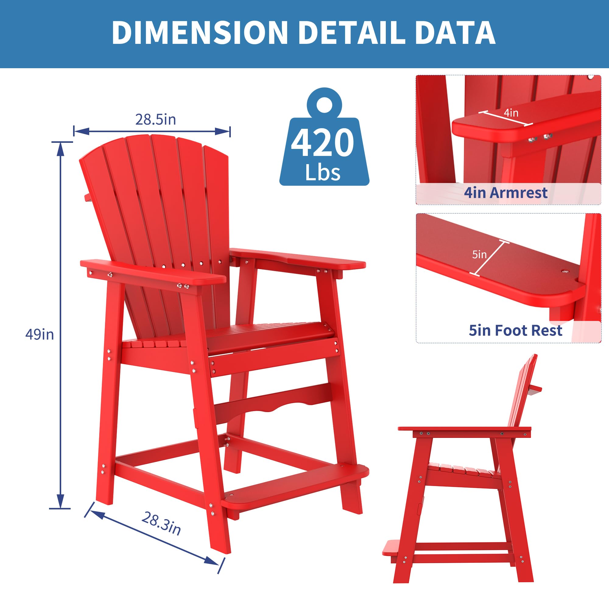 VSMKSJ Red Tall Adirondack Chair Outdoor Patio Chair and Weather Resistant Adirondack Balcony Chair for Porch,Garden,Backyard,Balcony (1 Chair)