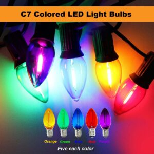 abulber 25 Pack C7 LED Christmas Light Bulb,Shatterproof,Waterproof,Plastic Led Replacement Bulbs for Indoor Outdoor String Lights,E12 Candelabra Base Multi-Colored