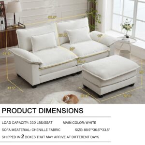 DUNELLA 88.9" Cloud Couch Sectional Couches for Living Room - Modular Chenille Sectional Sofa with Ottoman and Pillows - Modern Comfy Deep Seat Sleeper Sofa