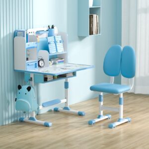 jenpech kids desk and chair set adjustable height, toddler study table kids table and chairs with storage and drawers for writing reading drawing blue