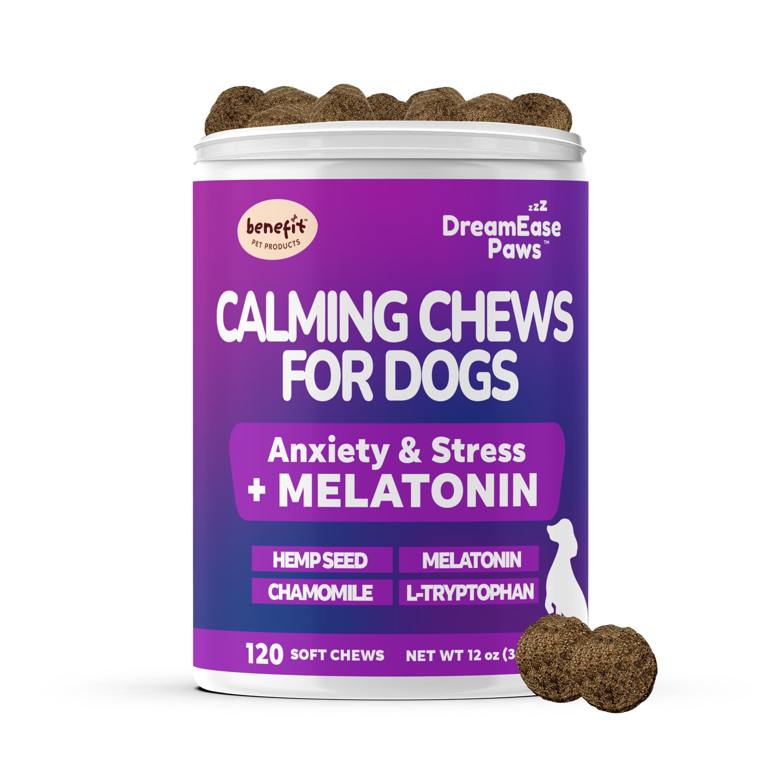 Calming Chews for Dogs - Dog Calming Chews for Separation, Dog Anxiety Relief Treats, Dog Sleep Support - Chamomile, and Melatonin for Dogs - 120 Soft Chews, Made in USA