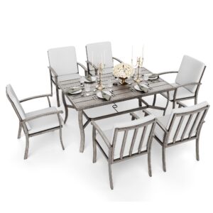 happatio 7 piece patio dining set, aluminum outdoor dining set for 6, aluminum dining table and chairs set, patio dining furniture with aluminum table, chairs and washable cushions (gray)