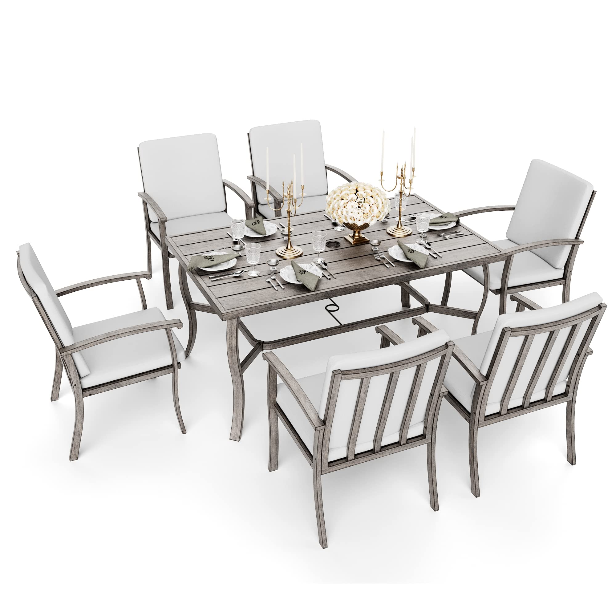 HAPPATIO 7 Piece Patio Dining Set, Aluminum Outdoor Dining Set for 6, Aluminum Dining Table and Chairs Set, Patio Dining Furniture with Aluminum Table, Chairs and Washable Cushions (Gray)