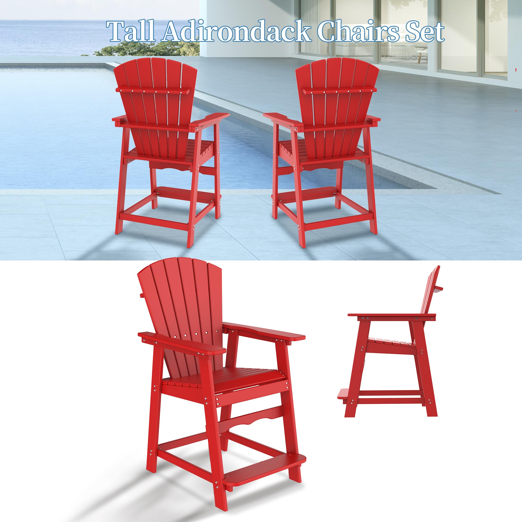 VSMKSJ Red Tall Adirondack Chair Outdoor Patio Chair and Weather Resistant Adirondack Balcony Chair for Porch,Garden,Backyard,Balcony (1 Chair)