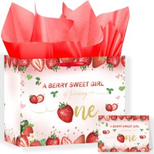 sundeco strawberry themed 1st birthday gift bag with red tissue paper and card – large baby girl gift bag for birthday, baby shower, berry first birthday decor, baby wrapping paper set