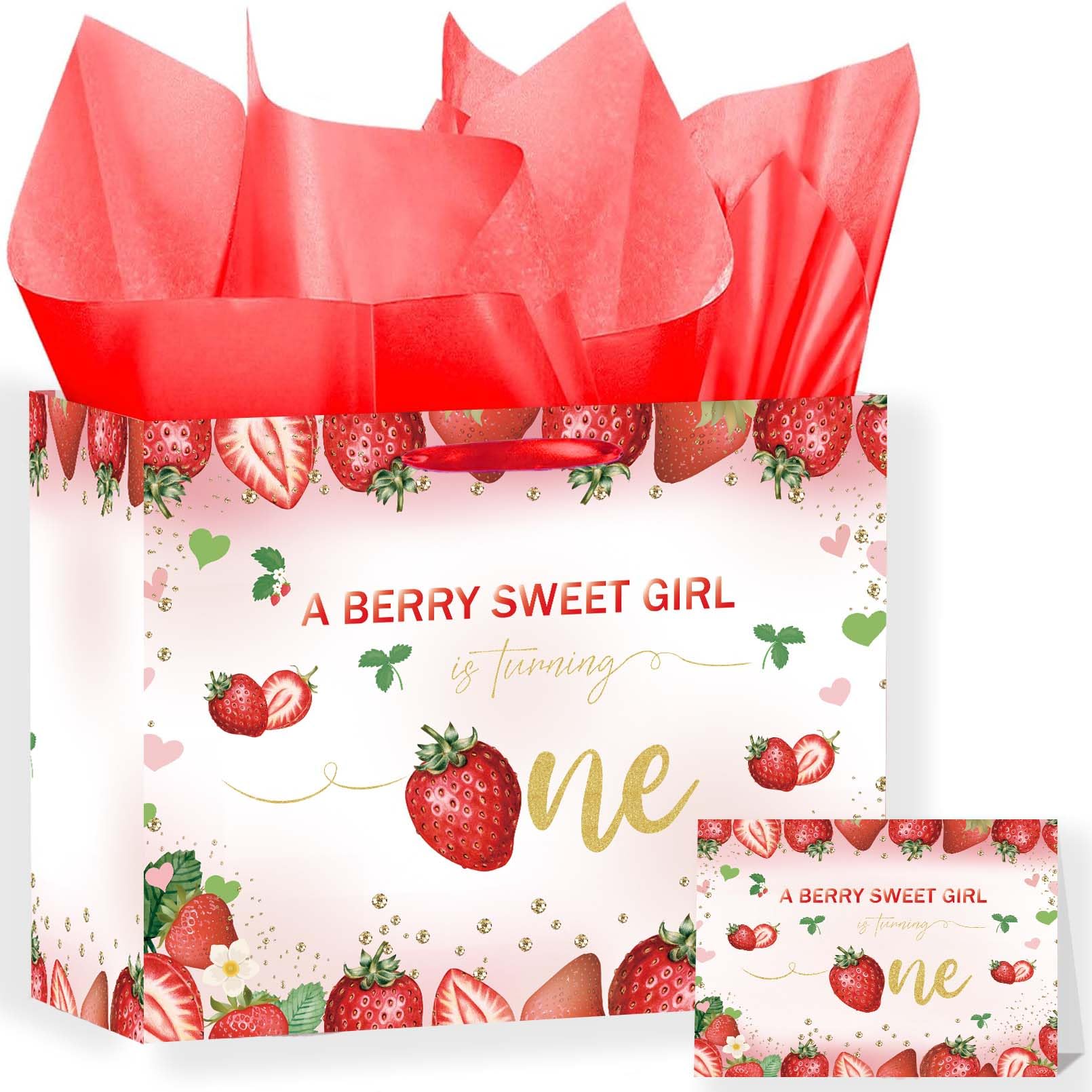 SUNDECO Strawberry Themed 1st Birthday Gift Bag with Red Tissue Paper and Card – Large Baby Girl Gift Bag for Birthday, Baby Shower, Berry First Birthday Decor, Baby Wrapping Paper Set