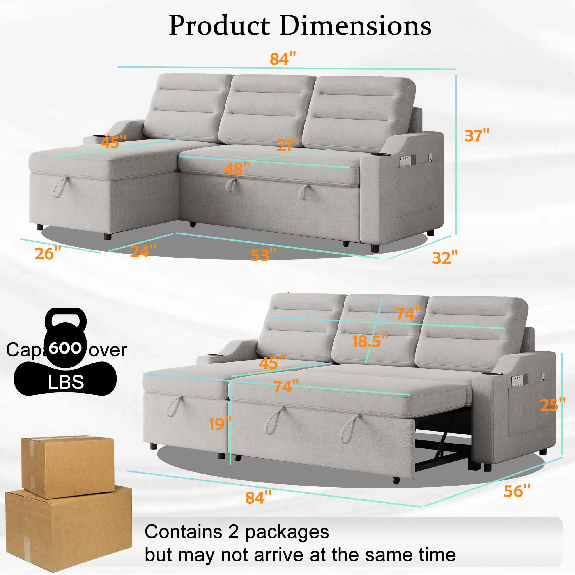 QKFF 83.5'' Convertible Sleeper Sofa Bed, 3 Seat L-Shaped Sectional Sofa Pullout Couch Bed with Storage Chaise, Cup Holder for Apartments/Living Room/Office