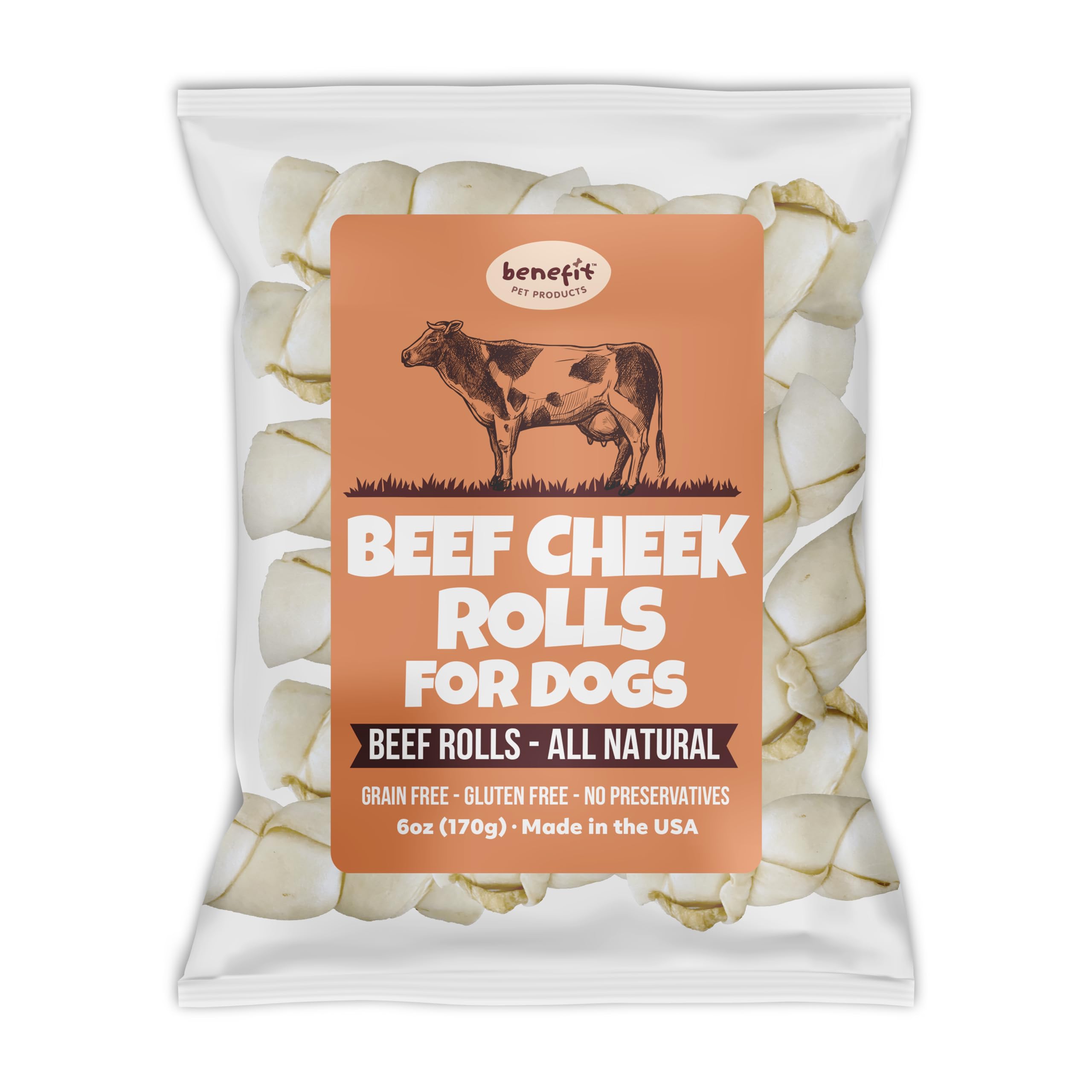 Benefit Pet Products Beef Cheek Rolls for Dogs - Natural Long Lasting Dog Chews, 5 to 6 Inch, Safe & Odor Free, Medium Dog Bone - 4 Pack