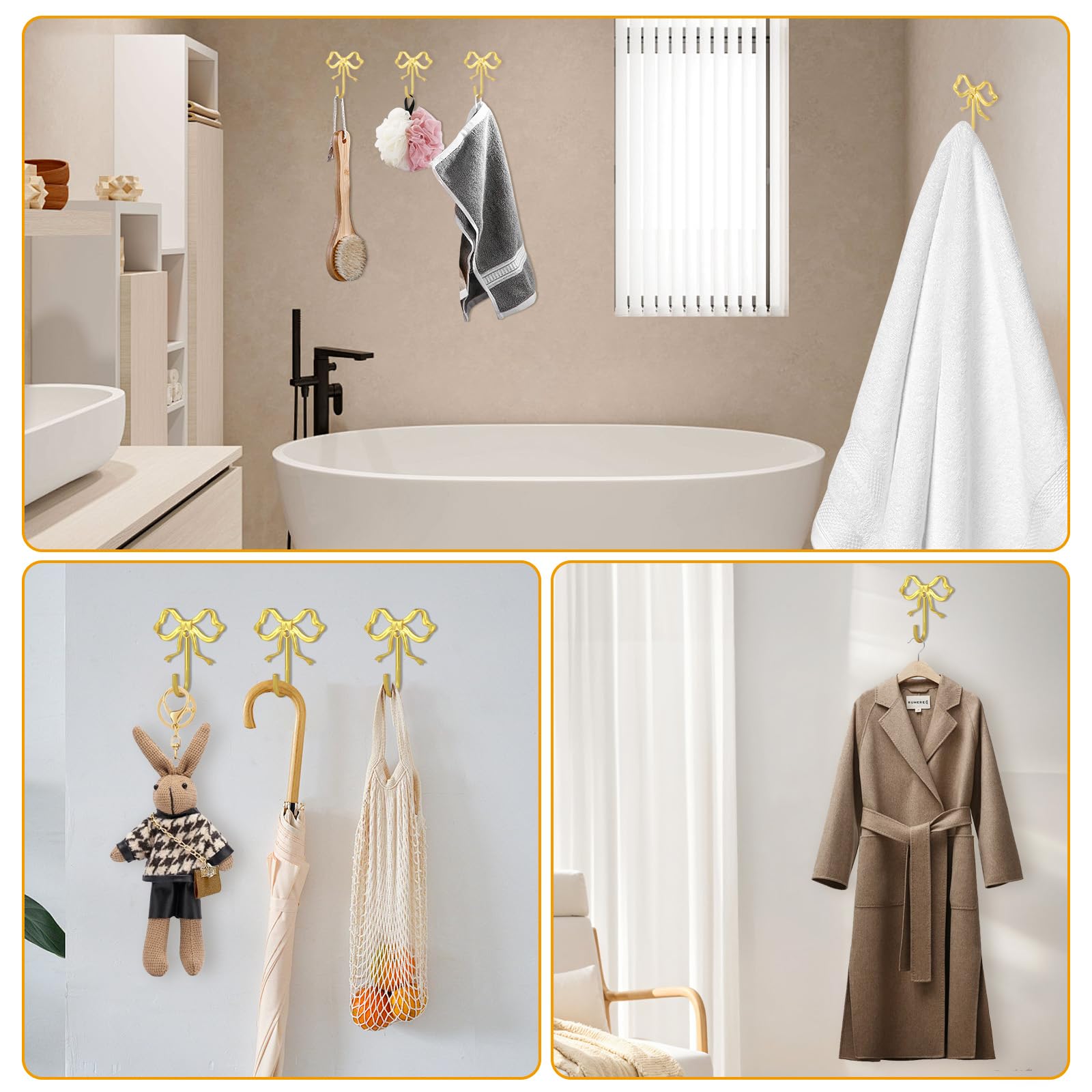 XHIPY 4 PCS Gold Bow Wall Hooks, Gold Coat Hooks, Metal Hooks, Bow Room Decor Hooks for Coats, Coffee Mugs, Hats, Bags, Bath Towels and Room Decorations