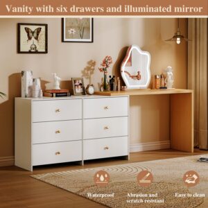 sbdmirau Vanity Desk with Mirror and with 3 Color Lighting Modes Adjustable Brightness, 6 Drawers Makeup Table for Bedroom Studio, 3-Sections Silent Slides Gift for Girls and Women, Wood Vanity