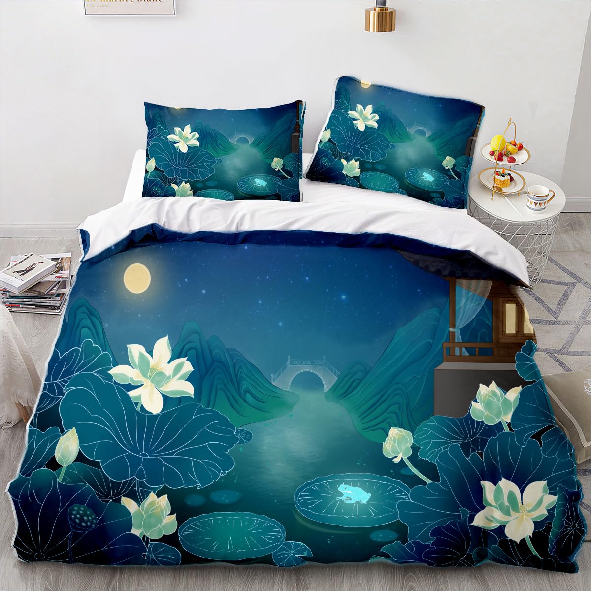 CBQHTY Floral Duvet Cover Set, Water Lily Floating Romantic Lotus Print Duvet Cover Set,Fantasy Pond Bedding Set,3 Piece with 2 Pillow Shams，no Filling,for Women and Mom (Full,2)