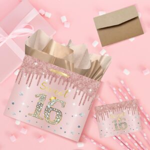 GOLDCROW Sweet 16 Gift Bag with Tissue Paper and Birthday Card Rose Gold 16th Birthday Gift Wrap Bag for Girls 16th Bday Bag with Wrapping Paper Sweet 16 Party Supplies Decorations