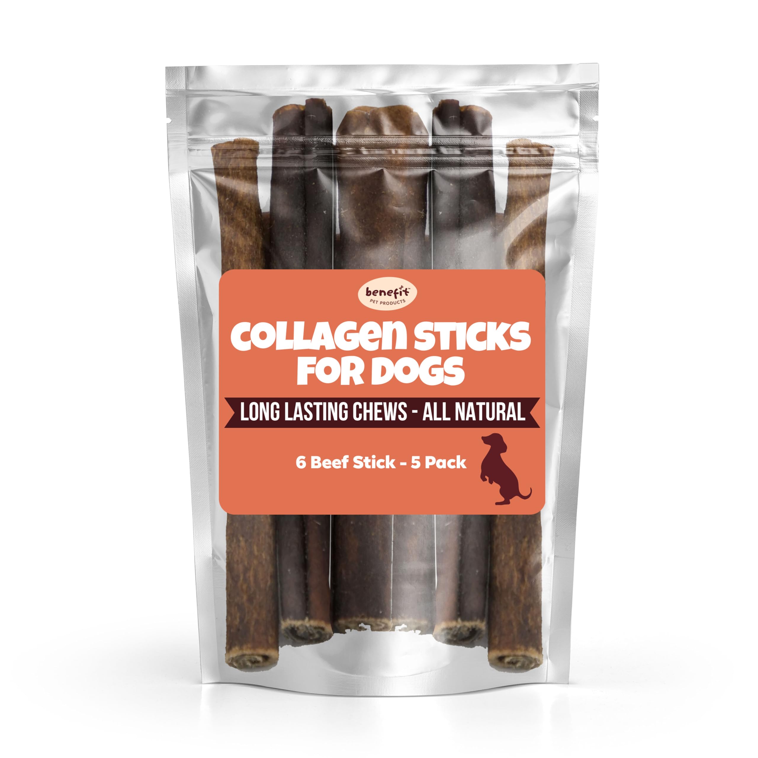 Benefit Pet Products Collagen Sticks for Dogs - Single Ingredient Dog Treat, Rawhide Free, Collagen Chews for Dogs, Long Lasting Dog Chew, Alternative to Bully Sticks (6 inch, 5 Sticks)