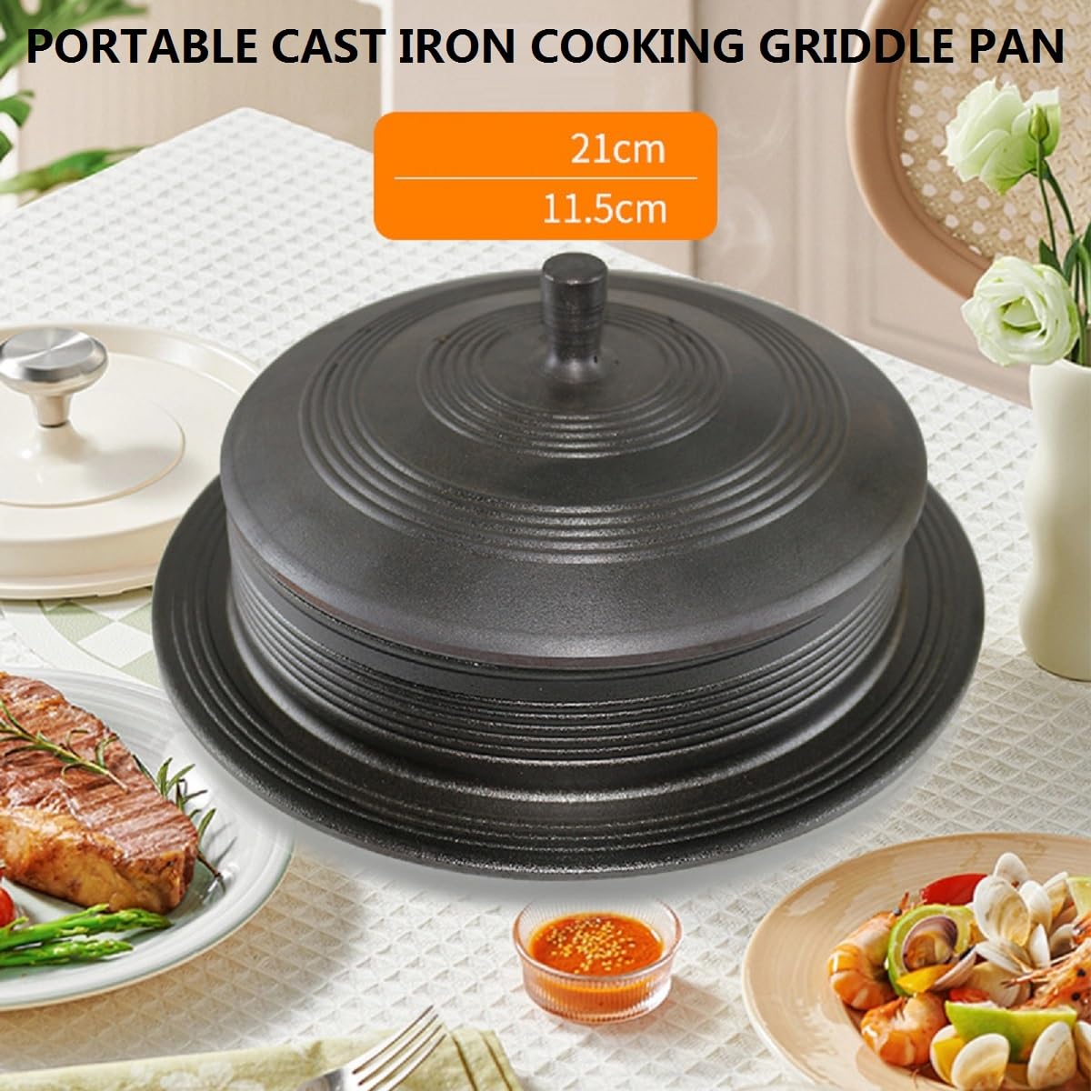 Xgxoz Korean Traditional Thick cast Iron Pot Pre-Seasoned Cast Iron 2-in-1 Heavy-Duty Dutch Oven with Skillet Lid Set, Oven,Grill, Stove Top, BBQ and Induction Safe