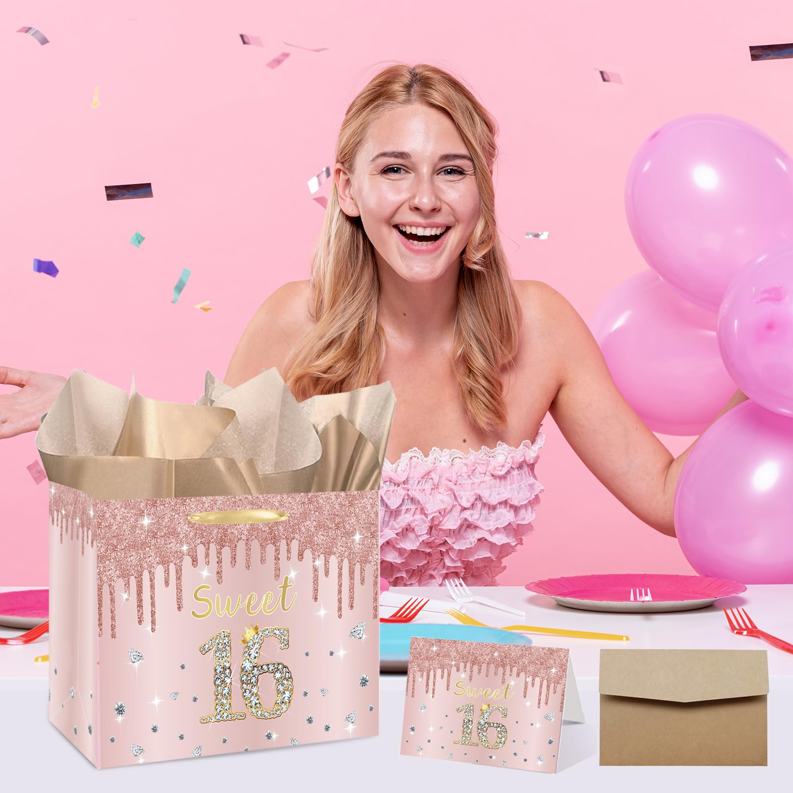 GOLDCROW Sweet 16 Gift Bag with Tissue Paper and Birthday Card Rose Gold 16th Birthday Gift Wrap Bag for Girls 16th Bday Bag with Wrapping Paper Sweet 16 Party Supplies Decorations