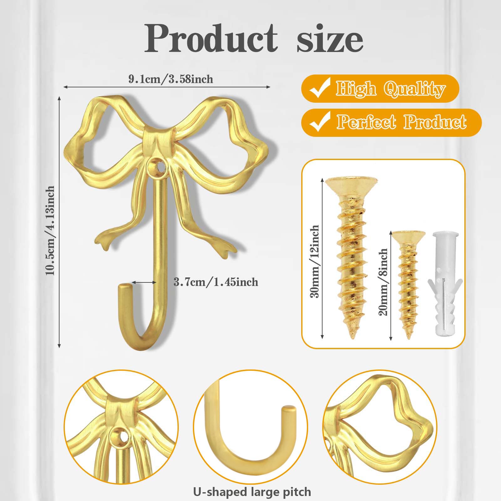 XHIPY 4 PCS Gold Bow Wall Hooks, Gold Coat Hooks, Metal Hooks, Bow Room Decor Hooks for Coats, Coffee Mugs, Hats, Bags, Bath Towels and Room Decorations