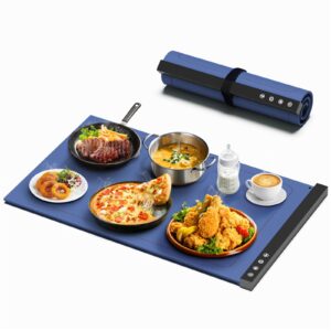 warming mat for food - full surface rapid heating, rollable & portable food warmer mat with 6 temperature settings and 1-4 hours adjustable timer, silicone heating mat for party buffet (royal blue)