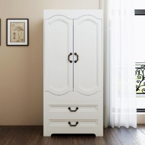 Janmer Home Armoire Wardrobe Closet with 2 Drawers, Tall Wooden Wardrobe Closet with 2 Doors and Hanging Rail, Free Standing White Armoire for Bedroom (Retro, White)