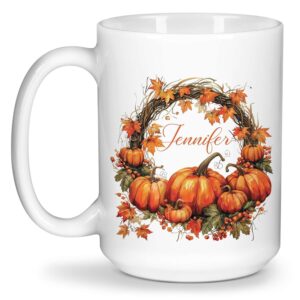 beautiful autumn wreath mug with custom name, fall pumpkin and leaf design coffee cup, personalized autumn lover white cup 15oz, customized fall ceramic mug for friend coworker