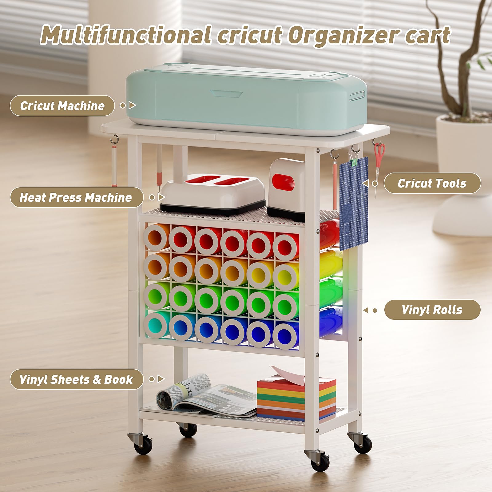 Organizers and Storage for Cricut Machines, Rolling Storage Cart/Shelf with 24 Vinyl Roll Holders, Cutting Machine Stand Workstation Cabinet Desk Stand for Cricut Craft Room Organization