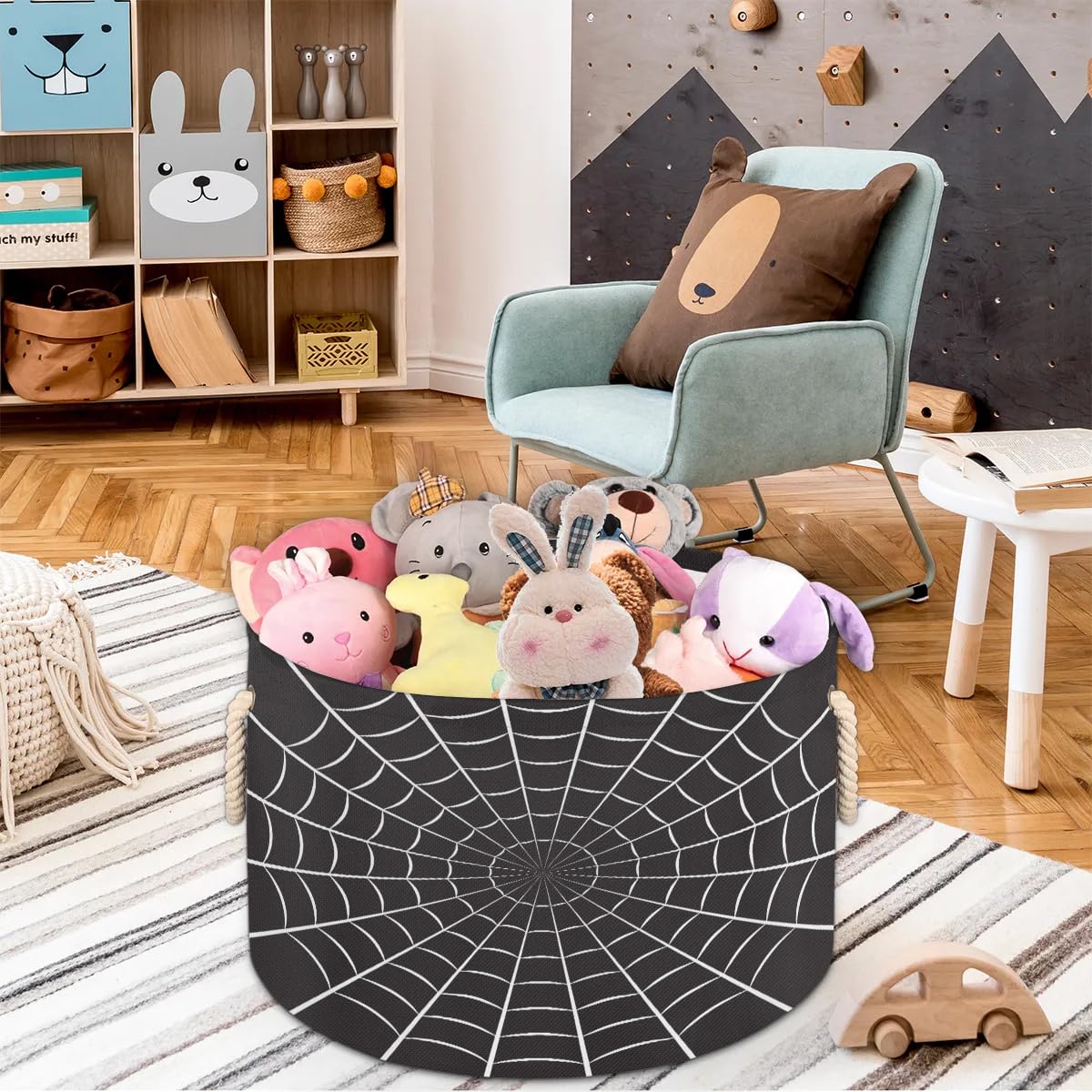 LLCXCSI Storage Baskets Black Spider Web Foldable Round Organizer Bins with Dual Handles Nursery Closet Shelf Storage Cube Box for Clothing, Books, Cosmetic, Toys, 19.4"x13.3"