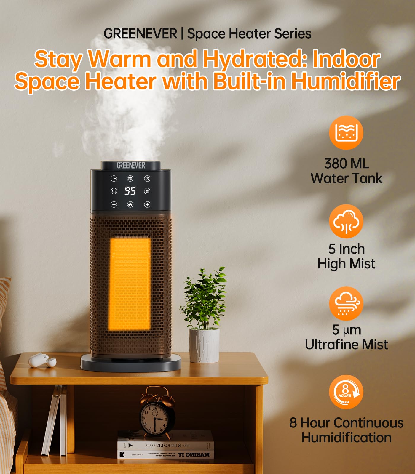 GREENEVER Space Heater Indoor with Humidifier: 2024 Upgraded PTC Electric Heaters for Indoor Use with Thermostat, 1500W Ceramic Heater Fast Heating with Remote, Oscillation, Timer for Bedroom, Office