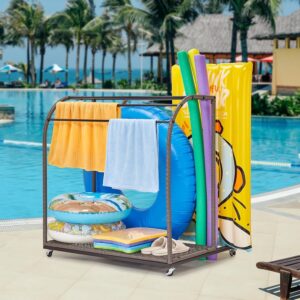 tropow pool towel rack,outdoor pool storage with rattan base and 5 towel bars,pool float storage with compartments, store swimming rings, buoys, pool floats, suitable for outdoor/indoor