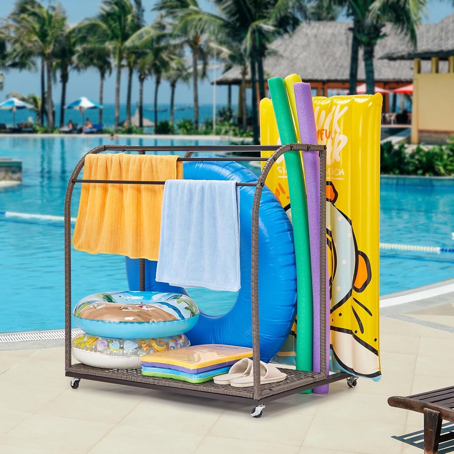 TROPOW Pool Towel Rack,Outdoor Pool Storage with Rattan Base and 5 Towel Bars,Pool Float Storage with Compartments, Store Swimming Rings, Buoys, Pool Floats, Suitable for Outdoor/Indoor