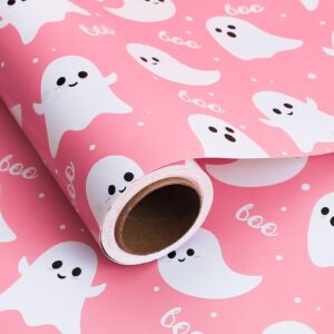 1 roll pink ghost and boo wrapping paper mini roll 17in x 32.8ft halloween pink ghost print gift wrap paper cute ghost paper for happy boo day girls baby shower birthday party supplies