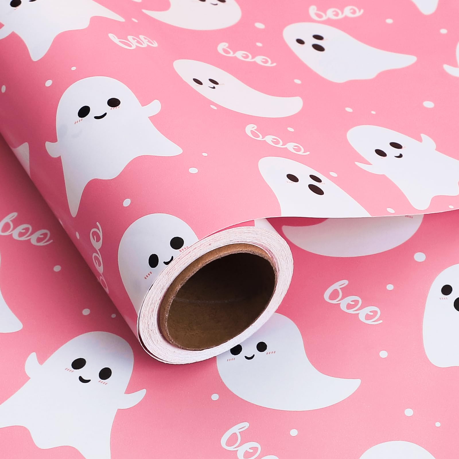 1 Roll Pink Ghost and Boo Wrapping Paper Mini Roll 17in x 32.8Ft Halloween Pink Ghost Print Gift Wrap Paper Cute Ghost Paper for Happy Boo Day Girls Baby Shower Birthday Party Supplies