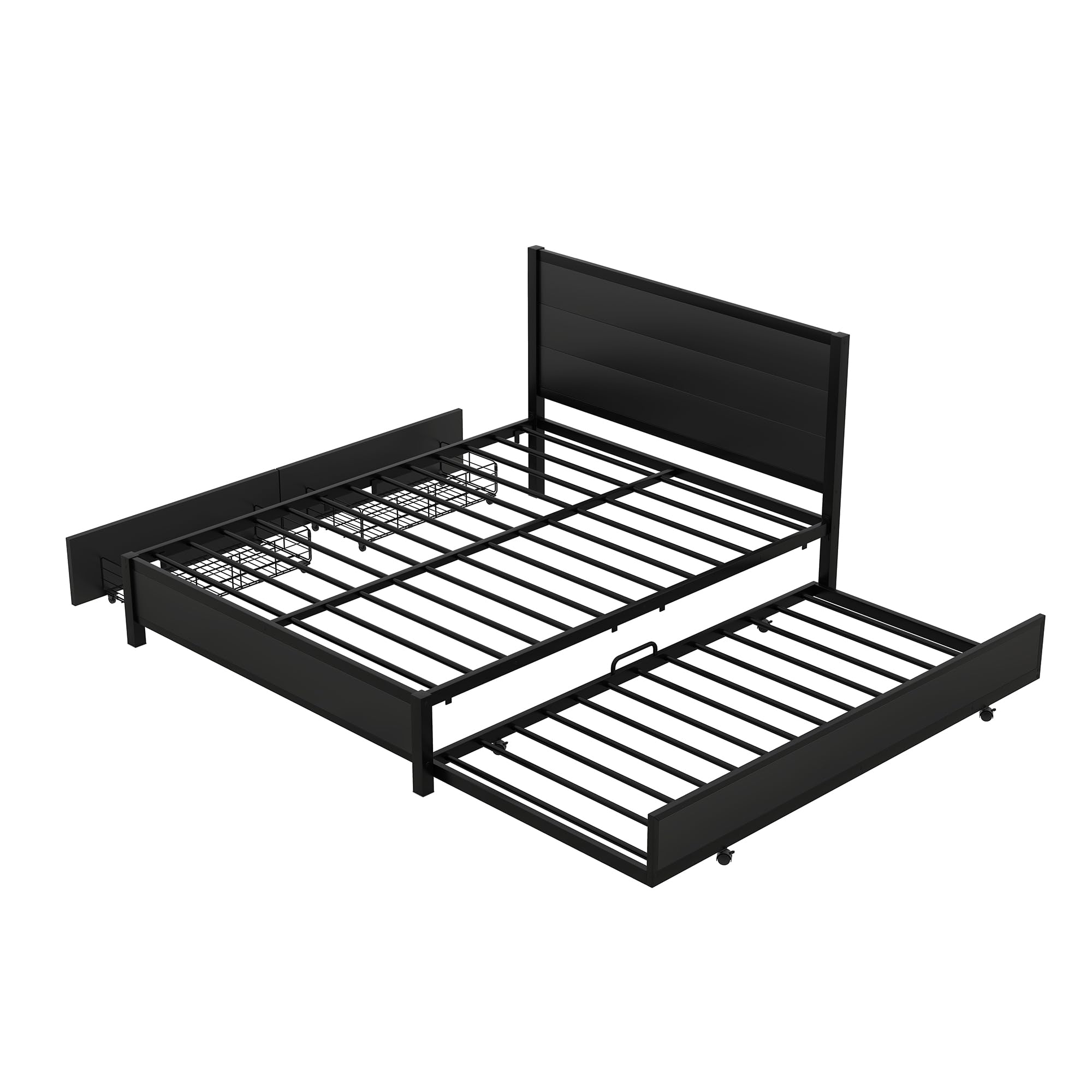 Bellemave Queen Size Bed Frame with Twin Size Trundle and 2 Storage Drawers, Metal Platform Bed Frame with Headboard, Queen Storage Bed with Trundle for Bedroom, No Box Spring Needed (Queen)