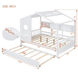 Full Size House Bed with Trundle for Kids,Full Kids Bed Frame with Storage Shelves,Wood House Bed Frame for Girls,Boys,Can be Decorated,White