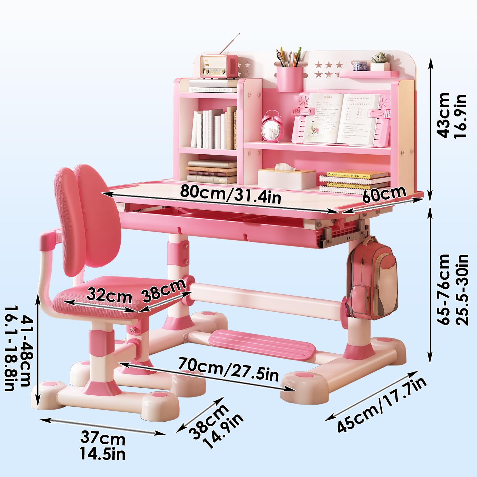 Kids Desk and Chair Set, Height Adjustable Kids Study Desk with Cartoon Pattern, Widened Tabletop, Tiltable Reading Stand, Back Support & Spine Protect, Prevent Myopia, for Boys & Girls (Pink-B)