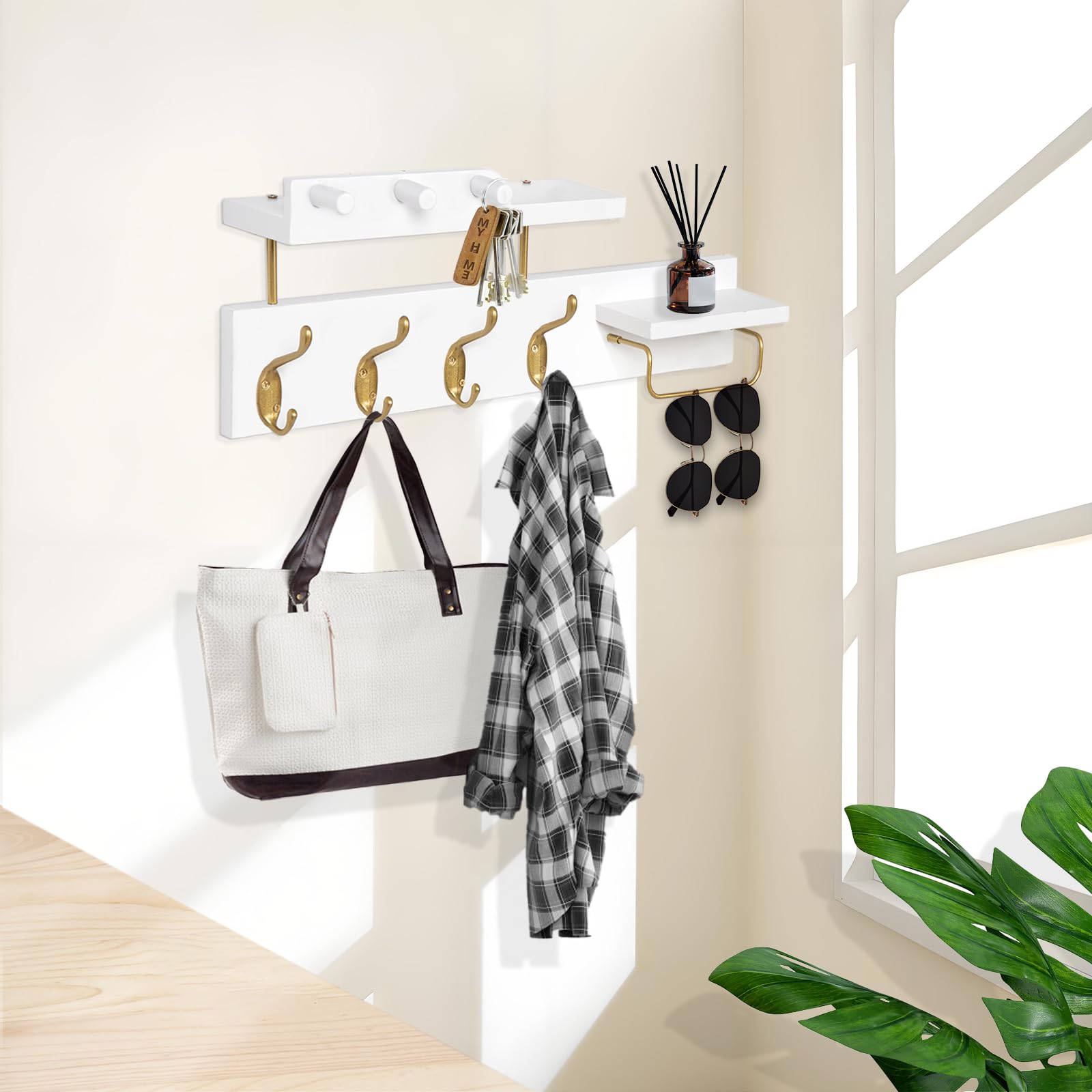 Lampaggio Coat Rack Wall Mount with Shelf, 4 in 1 Wood Coat Hooks with Key and Mail Holder, 17 Inch Entryway Hanging Shelf with Sunglasses Holder and 4 Metal Hooks for Clothes Hats Bag, White and Gold