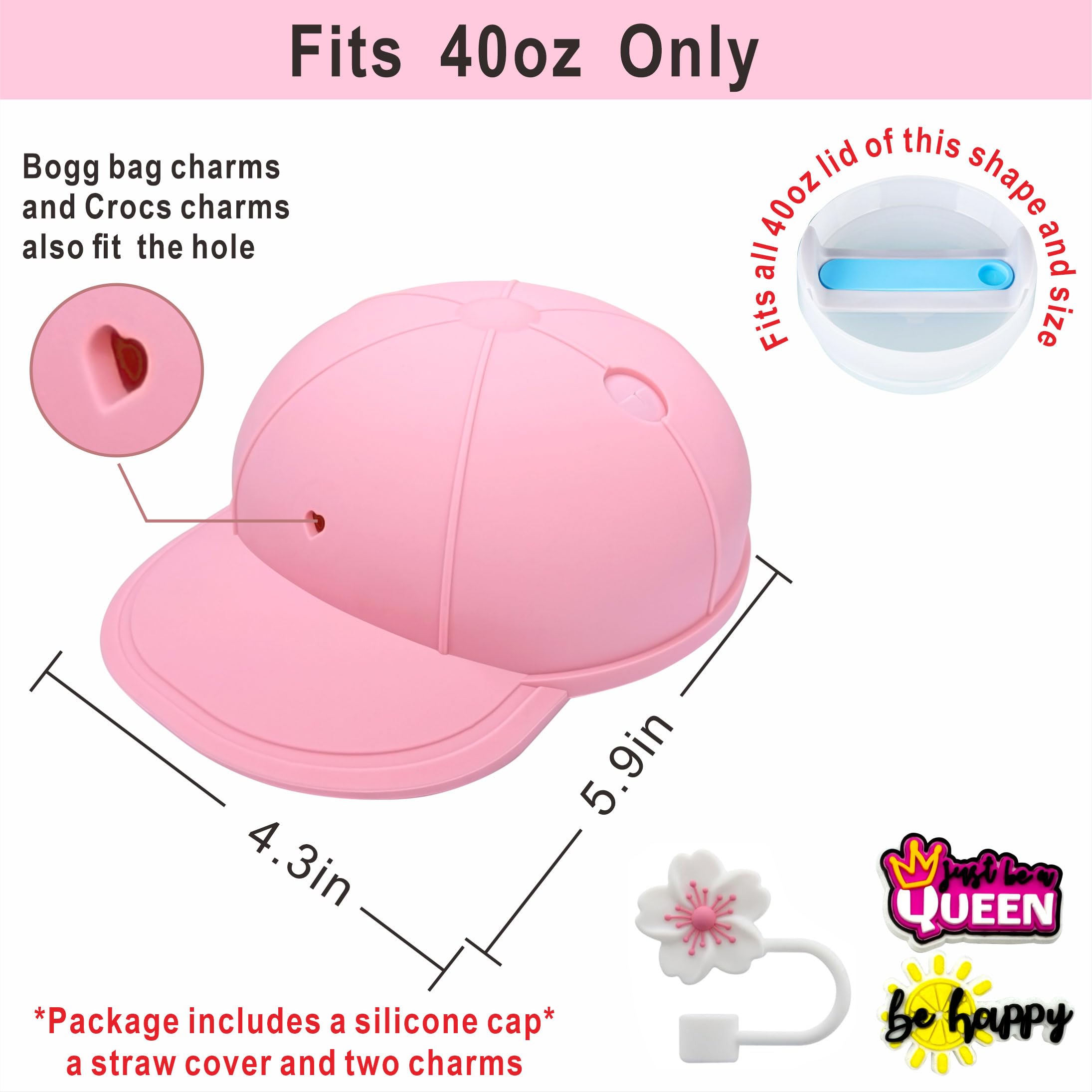 Anti-dust Silicone Cap for Stanley Cup 40oz, Fits Stanley Cup Accessories with Straw Cover and Two Charms, Pink