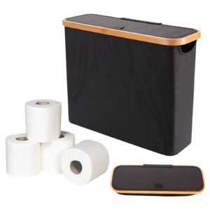 toilet paper basket, toilet paper storage basket with bamboo handle and lid, toilet paper storage holder up to 12 mega rolls, good ventilation, durable (black)