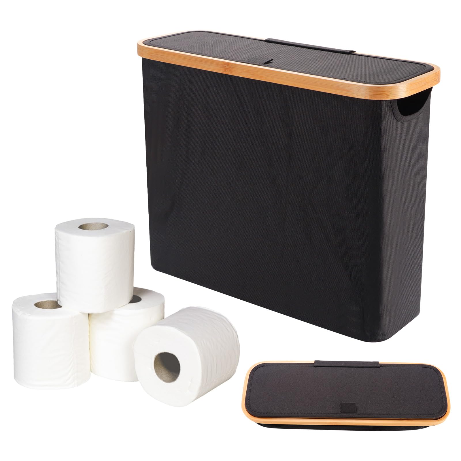 Toilet Paper Basket, Toilet Paper Storage Basket with Bamboo Handle and Lid, Toilet Paper Storage Holder Up to 12 Mega Rolls, Good Ventilation, Durable (Black)