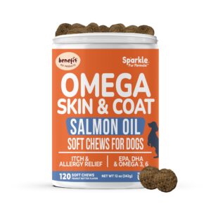 omega 3 for dogs - skin & coat soft chews for dogs - salmon oil, epa & dha fatty acids - itch relief, hot spots, shedding, allergies & hot spot relief - 120 soft chews, made in usa