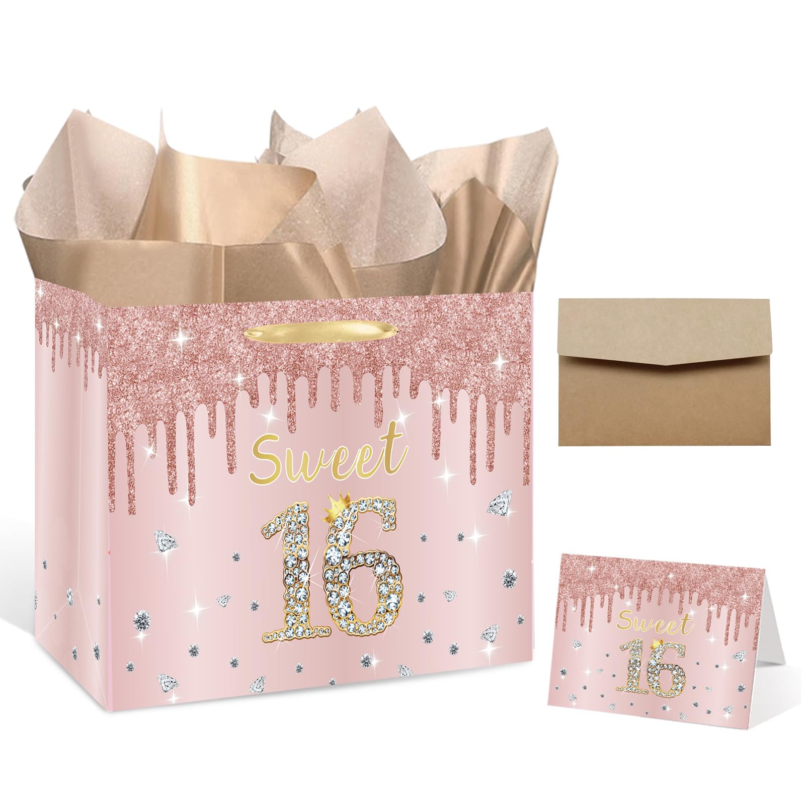 GOLDCROW Sweet 16 Gift Bag with Tissue Paper and Birthday Card Rose Gold 16th Birthday Gift Wrap Bag for Girls 16th Bday Bag with Wrapping Paper Sweet 16 Party Supplies Decorations