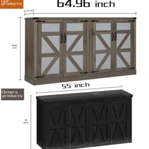 HXCQYGL 65-Inch Slate Gray Faux Rattan Sideboard with Barn Doors Rustic Sideboard, 4-Door Storage for Living Room, Entryway, Bedroom, Dining Room (Stone Gray)