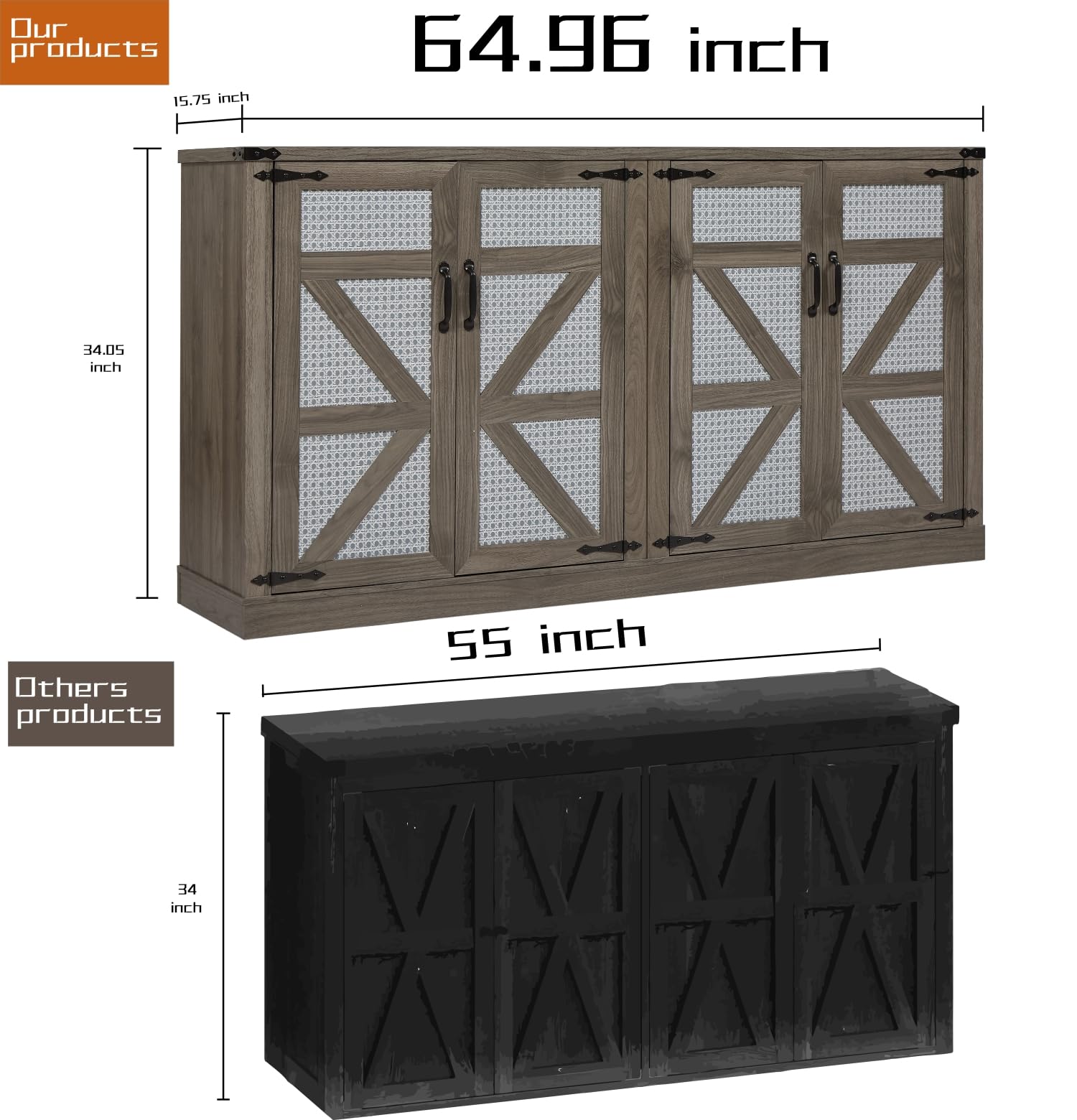 HXCQYGL 65-Inch Slate Gray Faux Rattan Sideboard with Barn Doors Rustic Sideboard, 4-Door Storage for Living Room, Entryway, Bedroom, Dining Room (Stone Gray)