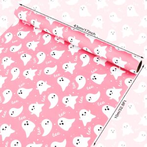 1 Roll Pink Ghost and Boo Wrapping Paper Mini Roll 17in x 32.8Ft Halloween Pink Ghost Print Gift Wrap Paper Cute Ghost Paper for Happy Boo Day Girls Baby Shower Birthday Party Supplies